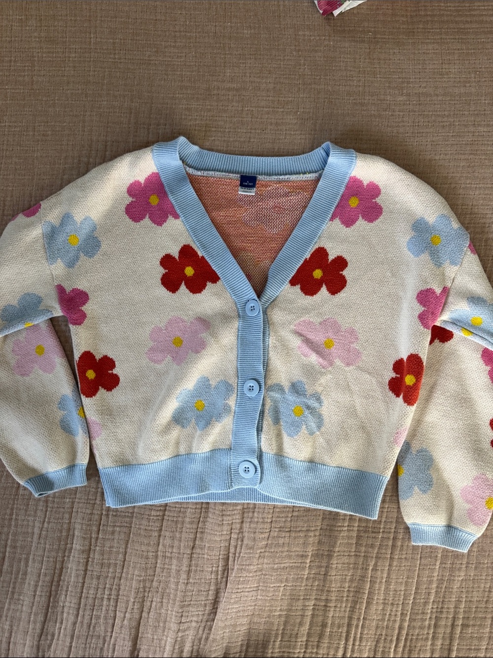 Old Navy Cream Floral Cropped Cardigan with Light Blue Trim